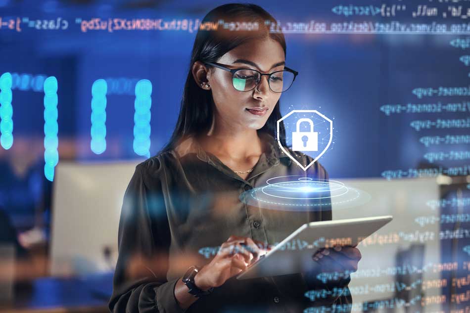 cybersecurity tips and tricks lady and padlock checking tablet